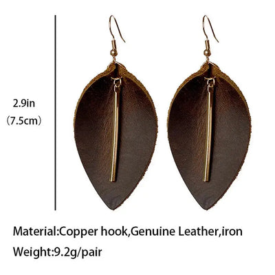 Metal Bar Leather Leaves Earrings